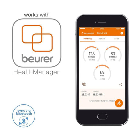 Beurer BM 57 Blood Pressure Monitor, with the health app on a phone
