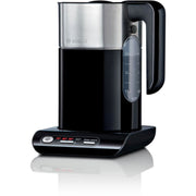 Bosch Styline TWK8613P kettle in black with digital temperature control buttons on the base.