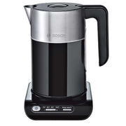 Bosch Styline TWK8613P kettle in black with digital temperature control buttons on the base.