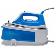 Braun CareStyle 1 IS1012BL steam generator iron in white and blue, featuring a 1.5L water tank and FreeGlide 3D ceramic soleplate.
