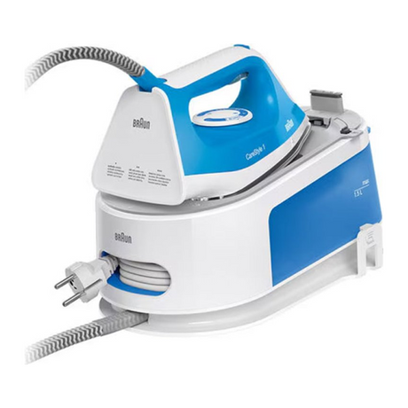 Braun CareStyle 1 IS1012BL Steam Generator Iron in White/Blue, angled view
