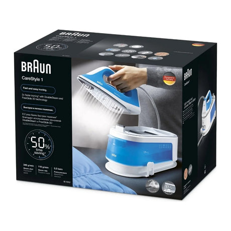 Braun CareStyle 1 IS1012BL Steam Generator Iron in White/Blue, in its packaging