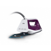 Braun CareStyle 1 IS1514 VI steam generator iron in violet and white, showing its compact base and 1.5L water tank.