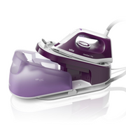 Braun CareStyle 1 IS1514 VI steam generator iron in violet and white, showing its compact base and 1.5L water tank.