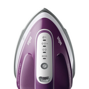 Braun CareStyle 1 IS1514 VI steam generator iron in violet and white, showing its compact base and 1.5L water tank.