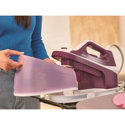Braun CareStyle 1 IS1514 VI steam generator iron in violet and white, showing its compact base and 1.5L water tank.