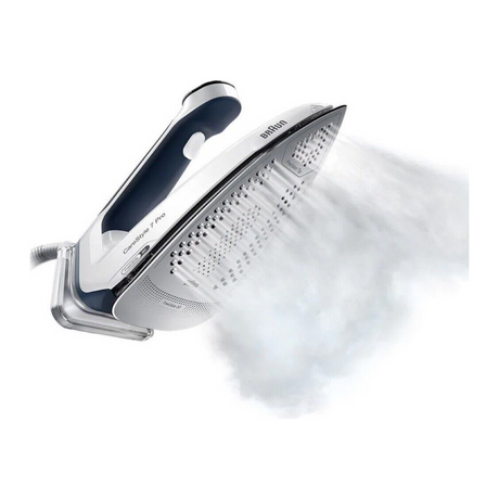 Braun CareStyle 7 Pro IS7282BL Steam Generator Iron in Blue, releasing steam