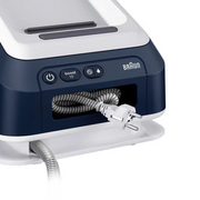 Braun CareStyle 7 Pro IS 7282 BL steam generator iron in blue and white, featuring a 2L removable water tank and ergonomic handle.