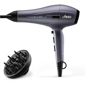 Ufesa X-Treme Boost 2600W Professional Hair Dryer in grey, including diffuser and two concentrator nozzles.