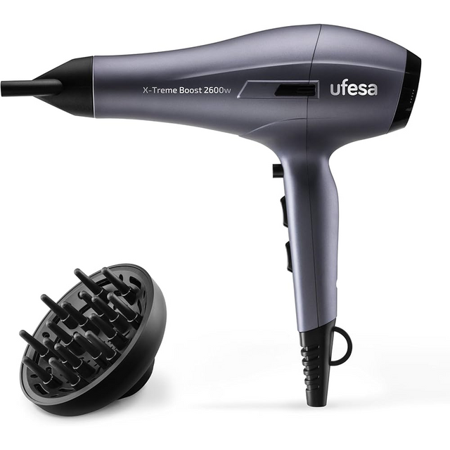 Ufesa X-Treme Boost 2600W Professional Hair Dryer in grey, including diffuser and two concentrator nozzles.