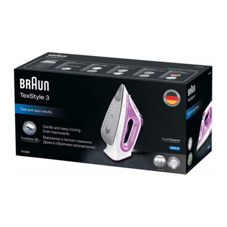 Braun TexStyle 3 SI 3030 PU Steam Iron in Purple and White, in its packaging
