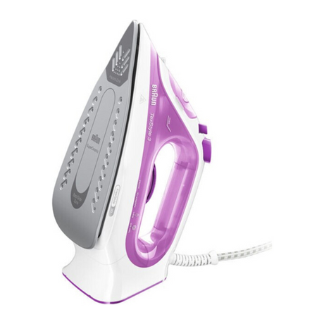Braun TexStyle 3 SI 3030 PU Steam Iron in Purple and White, standing on its heel