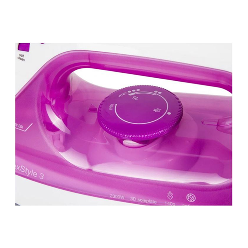 Braun TexStyle 3 SI 3030 PU Steam Iron in Purple and White, close-up detail