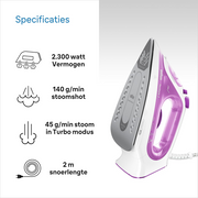 Braun SI 3030 PU TexStyle 3 Steam Iron in purple and white, featuring the FreeGlide 3D ceramic soleplate and precision tip