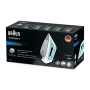 Braun TexStyle 3 Steam Iron SI 3041 GR in turquoise and white, featuring a FreeGlide 3D ceramic soleplate and precision tip.