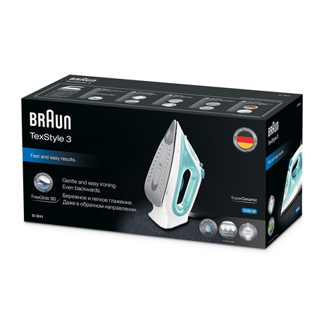 Braun TexStyle 3 SI3041GR Steam Iron in Turquoise, in its packaging