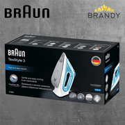 Braun SI 3053 BL TexStyle 3 Steam Iron in blue and white, showcasing the FreeGlide 3D ceramic soleplate and precision tip