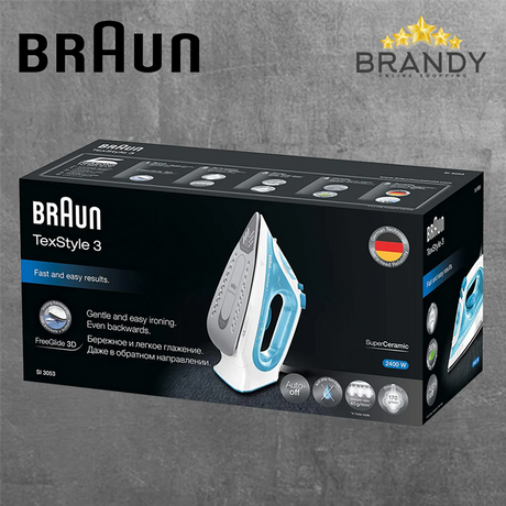 Braun TexStyle 3 SI 3053 BL Steam Iron in Blue and White, in its packaging