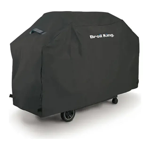 Broil King Select 67470 Grill Cover in Black, cover fitted over a grill on wheels