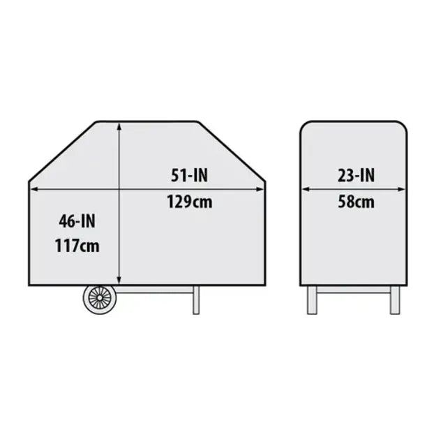 Broil King Select 67470 Grill Cover in Black, drawing of front and side with measurements
