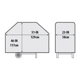 Broil King Select 67470 Grill Cover in Black, drawing of front and side with measurements