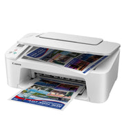 Canon PIXMA TS3751i wireless all-in-one inkjet printer in white showing its compact design and LCD display.