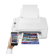 Canon PIXMA TS3751i wireless all-in-one inkjet printer in white showing its compact design and LCD display.
