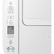 Canon PIXMA TS3751i wireless all-in-one inkjet printer in white showing its compact design and LCD display.