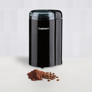 Cuisinart DCG-20BKN Coffee Bar Power Grinder in black featuring a transparent lid with measurement markings and stainless steel grinding bowl.
