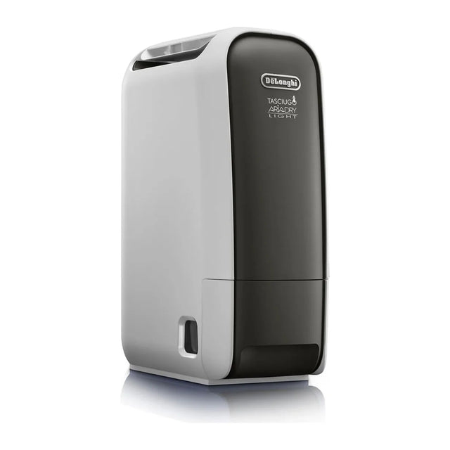 De'Longhi DNS65, three-quarter view of the white and dark grey unit