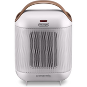De'Longhi Capsule HFX30C18.IW Fan Heater in Ivory and White with a ceramic heating element and carry handle.