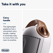 De'Longhi Capsule HFX30C18.IW Fan Heater in Ivory and White with a ceramic heating element and carry handle.