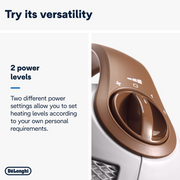 De'Longhi Capsule HFX30C18.IW Fan Heater in Ivory and White with a ceramic heating element and carry handle.