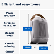 De'Longhi Capsule HFX30C18.IW Fan Heater in Ivory and White with a ceramic heating element and carry handle.