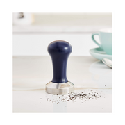De'Longhi DLSC058 coffee tamper featuring a polished 51mm stainless steel base and an ergonomic grey wooden handle.