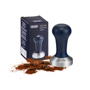 De'Longhi DLSC058 coffee tamper featuring a polished 51mm stainless steel base and an ergonomic grey wooden handle.