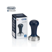 De'Longhi DLSC058 coffee tamper featuring a polished 51mm stainless steel base and an ergonomic grey wooden handle.