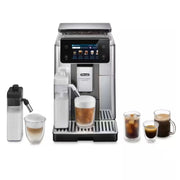 De'Longhi PrimaDonna Aromatic ECAM630.75.TSM automatic coffee machine in titanium silver with a 5-inch touch screen and LatteCrema carafe.