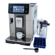 De'Longhi PrimaDonna Aromatic ECAM630.75.TSM automatic coffee machine in titanium silver with a 5-inch touch screen and LatteCrema carafe.