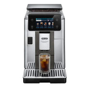 De'Longhi PrimaDonna Aromatic ECAM630.75.TSM automatic coffee machine in titanium silver with a 5-inch touch screen and LatteCrema carafe.