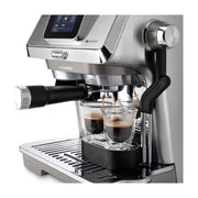 De'Longhi La Specialista Touch EC9455.M manual coffee maker in brushed metal finish showing the 3.5 inch touchscreen and built-in grinder.
