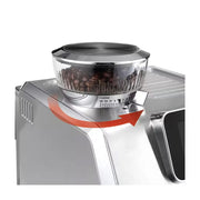 De'Longhi La Specialista Touch EC9455.M manual coffee maker in brushed metal finish showing the 3.5 inch touchscreen and built-in grinder.