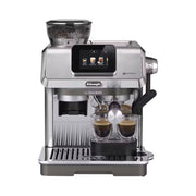 De'Longhi La Specialista Touch EC9455.M manual coffee maker in brushed metal finish showing the 3.5 inch touchscreen and built-in grinder.