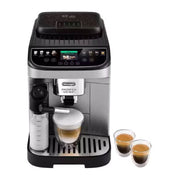 De'Longhi Magnifica Evo Next automatic coffee machine in silver and black featuring the color TFT display and milk carafe.