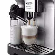 De'Longhi Magnifica Evo Next automatic coffee machine in silver and black featuring the color TFT display and milk carafe.