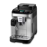 De'Longhi Magnifica Evo Next automatic coffee machine in silver and black featuring the color TFT display and milk carafe.