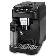 De'Longhi Magnifica Plus automatic coffee machine in black showing the 3.5 inch color touch display and LatteCrema milk carafe