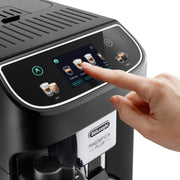 De'Longhi Magnifica Plus automatic coffee machine in black showing the 3.5 inch color touch display and LatteCrema milk carafe
