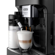 De'Longhi Magnifica Plus automatic coffee machine in black showing the 3.5 inch color touch display and LatteCrema milk carafe