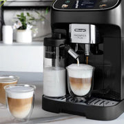 De'Longhi Magnifica Plus automatic coffee machine in black showing the 3.5 inch color touch display and LatteCrema milk carafe